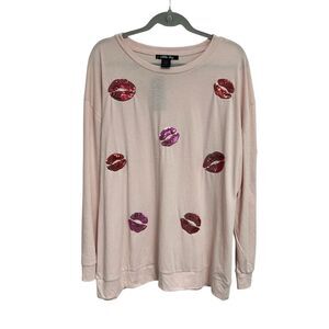 Sable Sky Women's 2X Pink Sequin Lips Crewneck Long Sleeve Casual